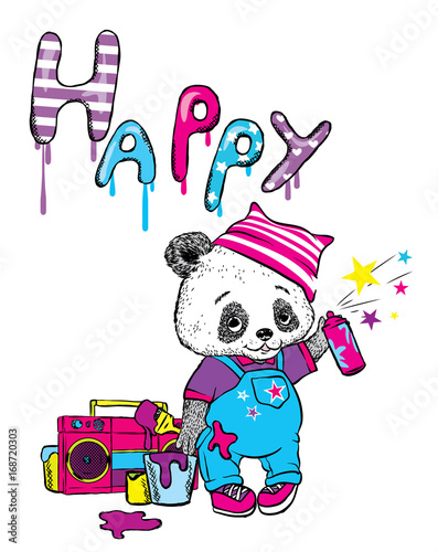 Fototapeta Naklejka Na Ścianę i Meble -  Funny panda in overalls and a hat draws a brush and balonchikom. Vector illustration for a postcard or a poster, print for clothes.