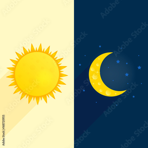Sun, moon, stars banner. Day and night time concept vector. Sunny flyer illustration. Weather background. Forecast concept Daytime poster
