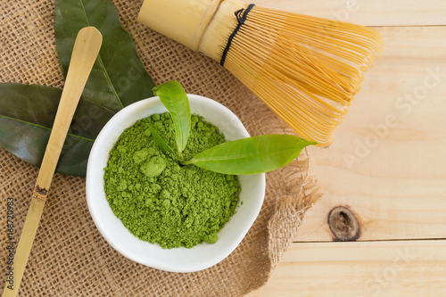 Set of matcha powder bowl, wooden spoon and whisk, green tea leaf, Organic Green Matcha Tea ceremony