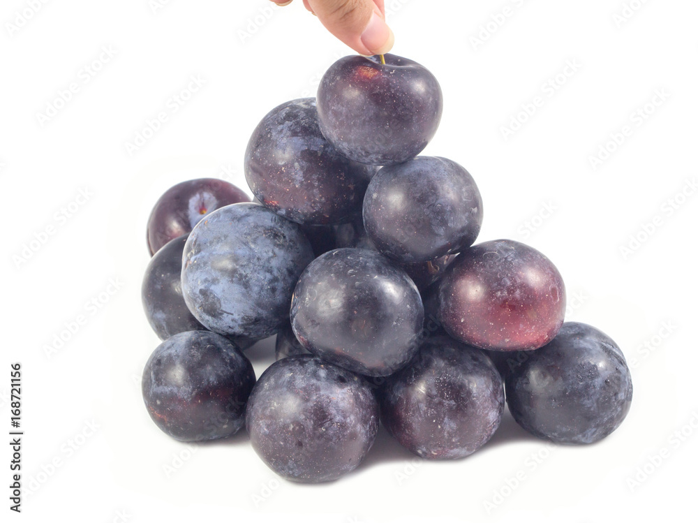 Sweet plum, prunes isolated on white background, Group of plums, prunes
