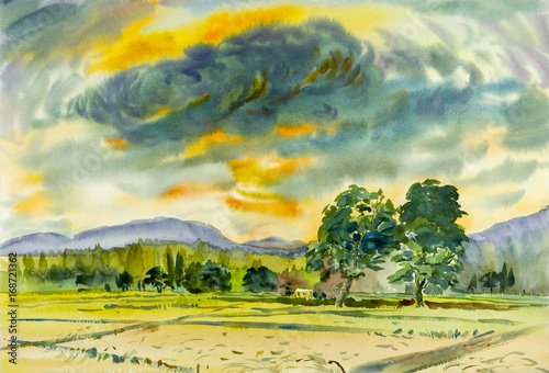 Watercolor painting colorful of rice field in mountain and emotion sky, rain cloud background.