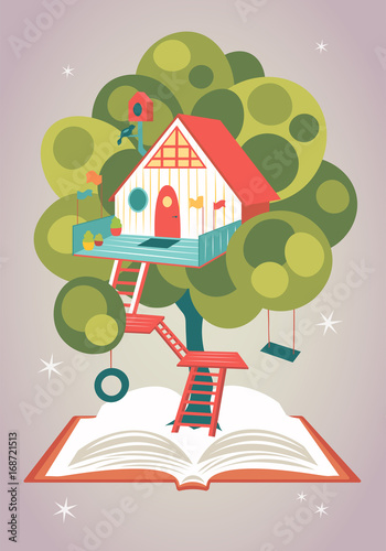 Magical house on a tree growing from an opened book