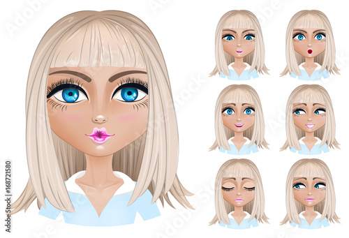 Blond woman with different facial expressions.
