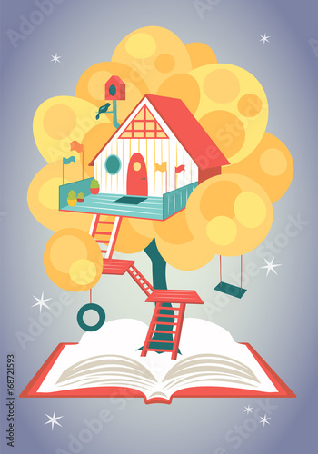 Wonderful fairytale house on a tree growing from opened book