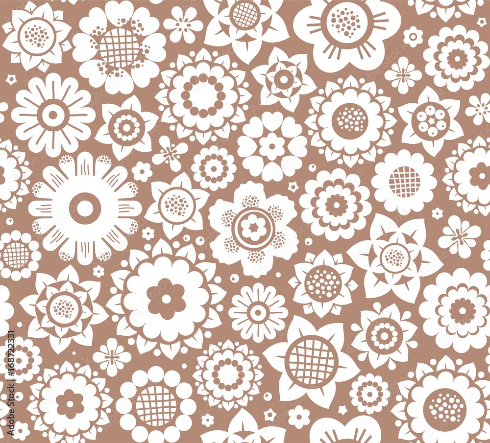 Flowers, background, seamless, white, brown, vector. Decorative white flowers on a brown background. Floral seamless pattern.   