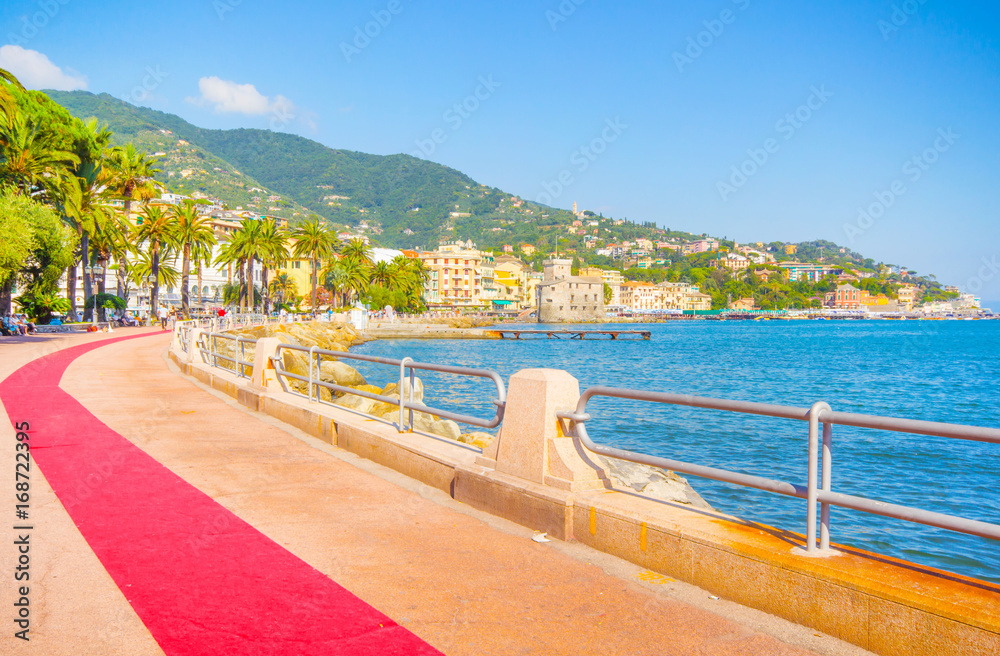 Beautiful city with sea, mountains and long red carpet walking, City it is a famous for vacations,holiday, in italy genova liguria.