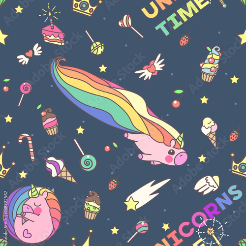 vector seamless pattern. Unicorns time concept. 003