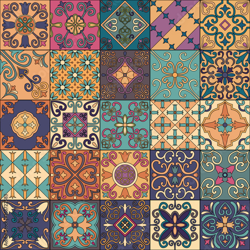 Seamless pattern with portuguese tiles in talavera style. Azulejo, moroccan, mexican ornaments.