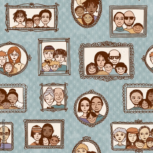 Seamless pattern of cute family pictures hanging on the wall