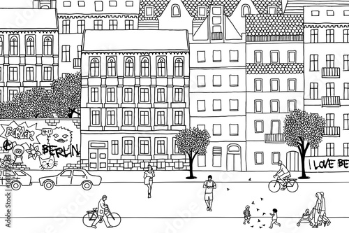 People walking through Berlin- Hand drawn urban black and white scene