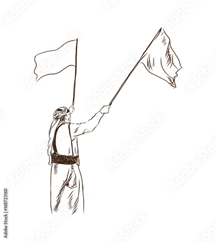 Sketch of Arabic man with flag in vector illustration.