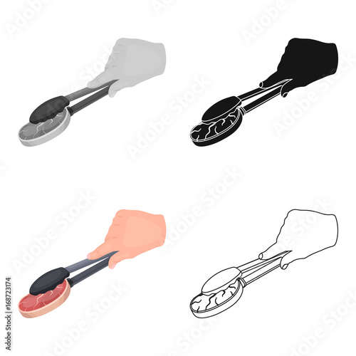 Tongs with raw steak. Eating and cooking single icon in cartoon style vector symbol stock illustration web.