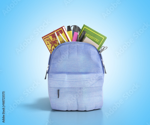 Blue backpack with school supplies 3d render on blue