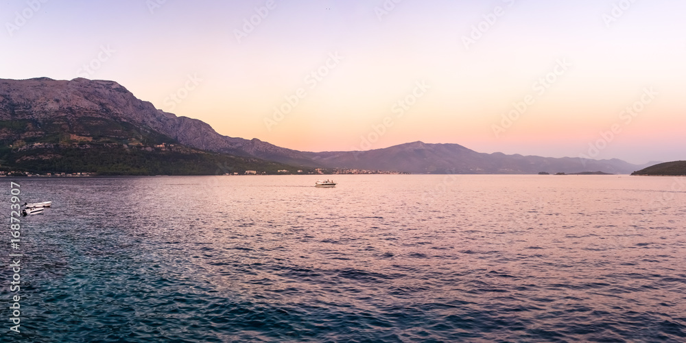 Beautiful Sunset Dusk Ocean Mountain Landscape in Croatia European Vacation Destination