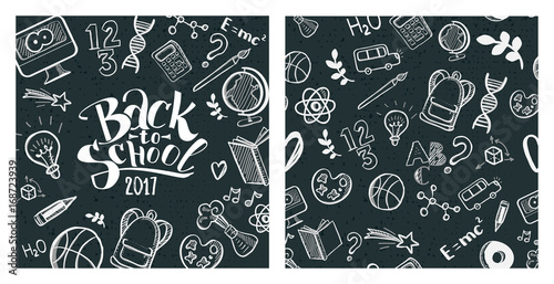 Back to school concept. Hand drawn typography and pattern. Vector illustration. Chalkboard background. Education doodle icons.