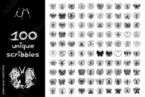   vector SET 100 butterfly SCRIBBLES Part 1. Clip art isolated on transparent background.