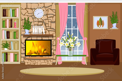 The interior of the living room. Cozy room with a fireplace. Furniture for the home. Cartoon. Vector.