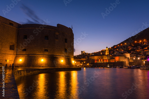 Dubrovnik Croatia City Center During Sunset Twilight Blue Hour Beautiful Cityscape