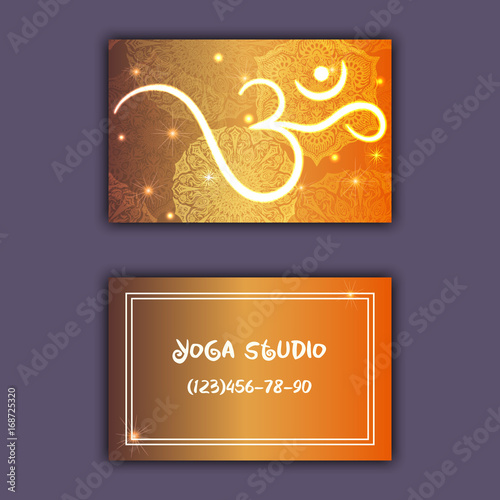 Business card for yoga studio or yoga instructor. Ethnic background with mandala ornament and ohm