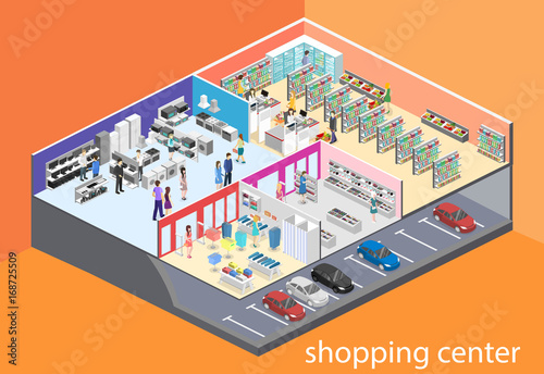 isometric interior shopping mall, grocery, computer, household, equipment store.