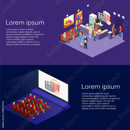 Isometric flat 3D concept vector interior of cinema hall,cafe.