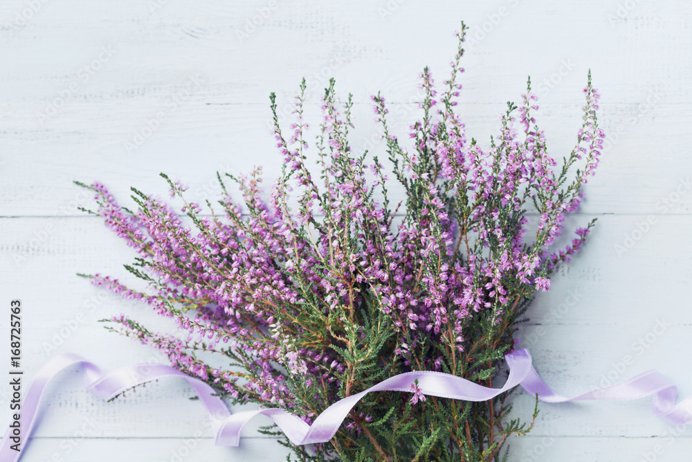 Bouquet of Heather Calluna Vulgaris, Erica, Ling Decorated Satin