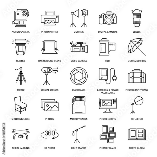 Photography equipment flat line icons. Digital camera, photos, lighting, video cameras, photo accessories, memory card, tripod lens film. Vector illustration, signs for photo studio or store. photo