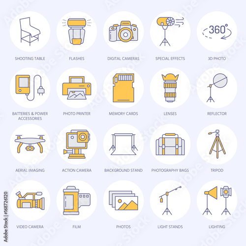 Photography equipment flat line icons. Digital camera, photos, lighting, video cameras, photo accessories, memory card, tripod lens film. Vector illustration, signs for photo studio or store.