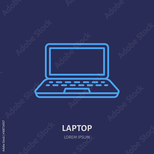 Laptop notebook with blank screen flat line style icon. Wireless technology, portable computer sign. Vector illustration of communication equipment for electronics store.