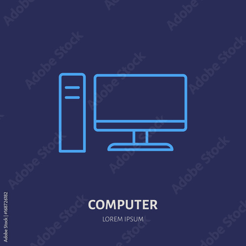 Computer with blank screen flat line icon. Wireless technology, office equipment sign. Vector illustration of communication devices for electronics store.