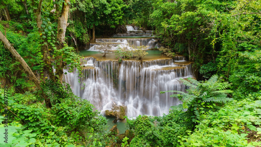 Viewpoint tier 4 at Huay Mae Khamin Waterfalls is located in Khuean Srinagarindra National Park , north of Kanchanaburi , The seven-tiered waterfalls, Thailand