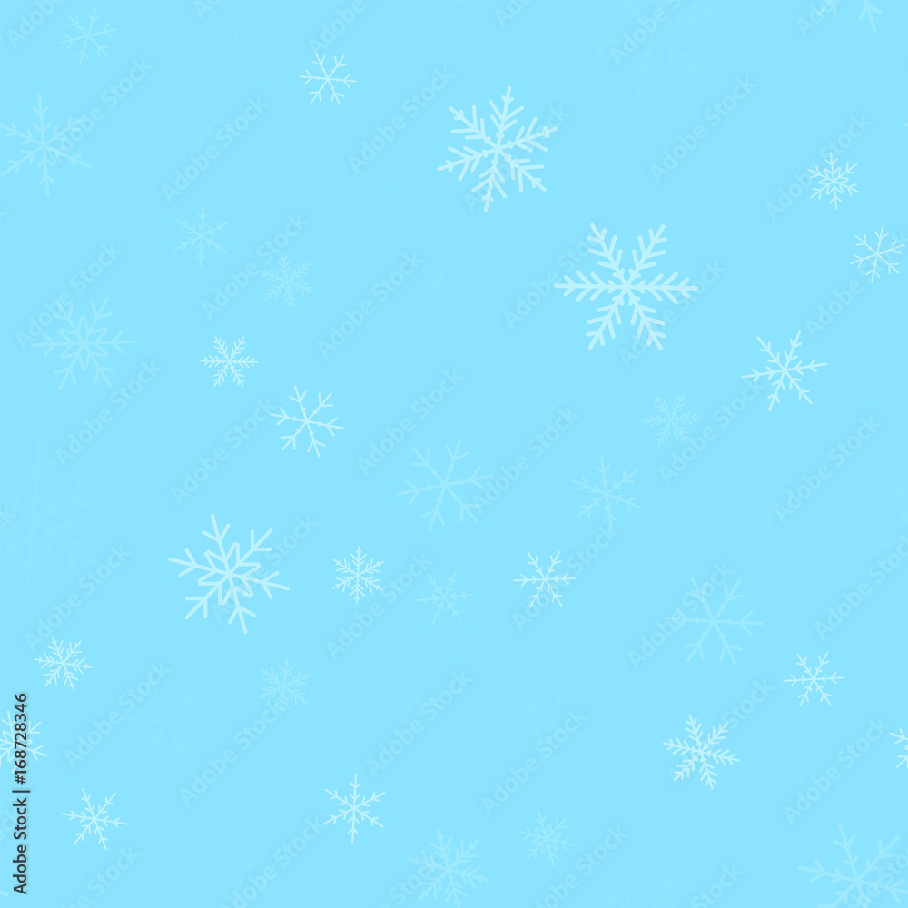 Transparent snowflakes seamless pattern on turquoise Christmas background. Chaotic scattered transparent snowflakes. Exquisite Christmas creative pattern. Vector illustration.