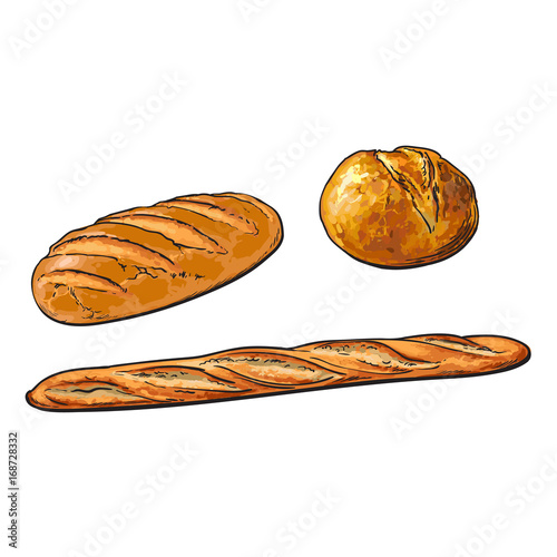 vector sketch fresh white loaf bread, french baguette set . Detailed hand drawn isolated illustration on a white background. Flour pastry products, bakery banner, poster design object