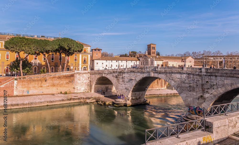Travel to Italy - St Angel Bridge (Ponte Sant Angelo, Aelian Bridge, Pons Aelius) on Tiber river in Rome city in winter