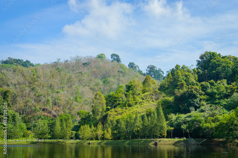 Tropical landscape, lake and hills in Kathu district on Phuket