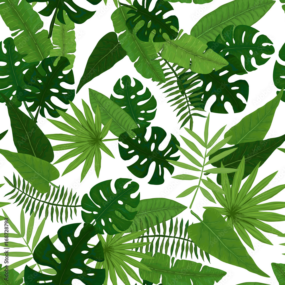 Seamless Pattern of Tropical Leaves in Green Colors