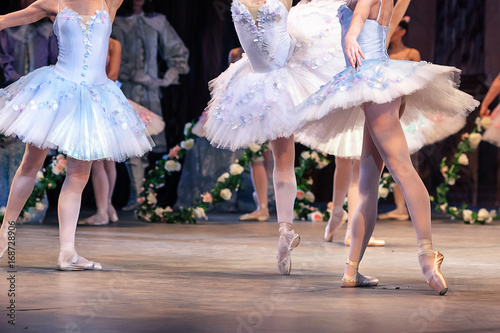 dancing, passion, popularity concept. group of magnificent ballerinas wearing adorable blue dresses with tutus and sparkling sequins, white tights and satin pointe shoes