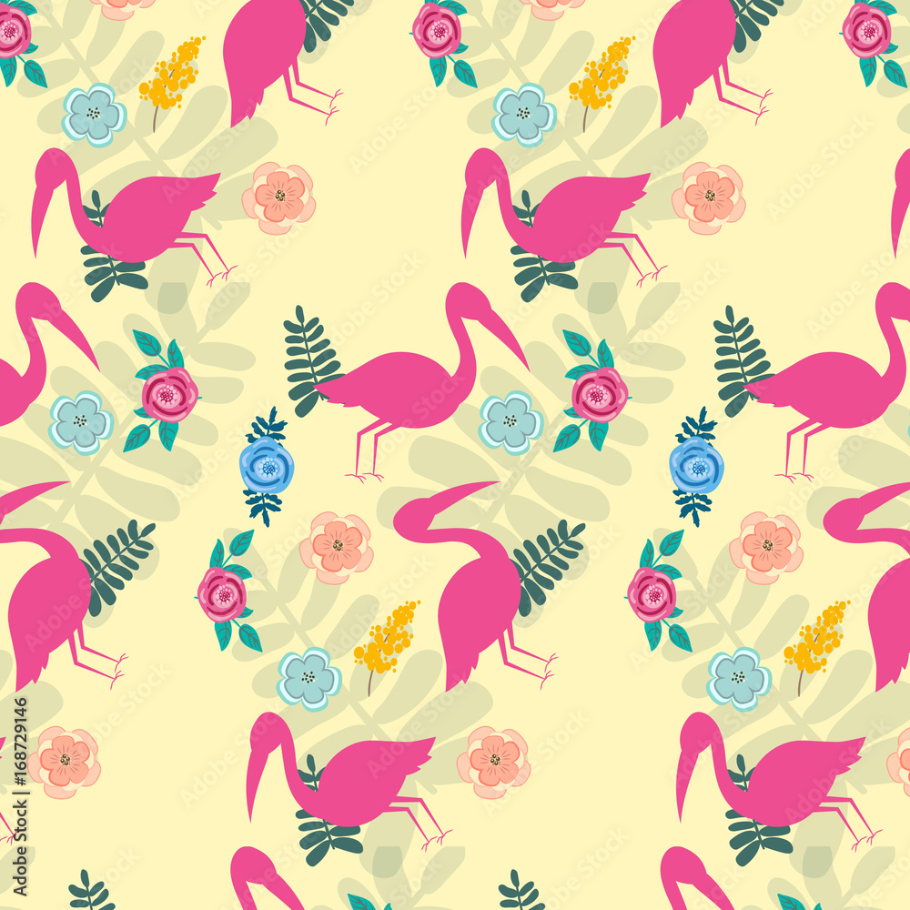 Seamless pattern of a pink pelican with flowers