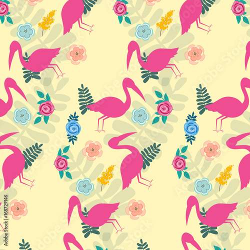 Seamless pattern of a pink pelican with flowers