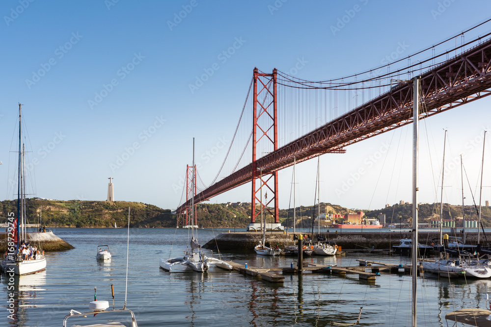 Ponte 25 de Abril Bridge Famous Architectural Sight Lisbon Portugal Landscape Tourist Season Summer August 2017 Ponte 25 de Abril Bridge Famous Architectural Sight Lisbon Portugal Landscape Tourist Season Summer August 2017