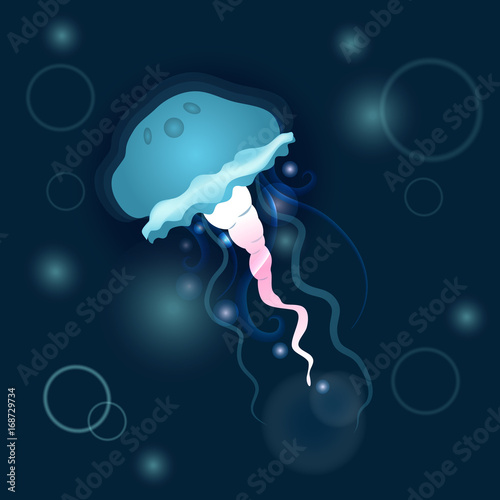 Blue jellyfish swimming in a dark water