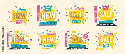 Sale banners. Bright and retro style. Cartoon vector illustration.