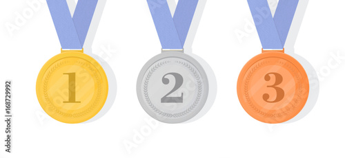 Gold, silver and bronze award medals with ribbons. First, second and third places
