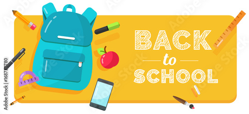 Colorful back to school banner with backpack, pencil, pen, mobilephone, apple, ruler, pen, text for sale