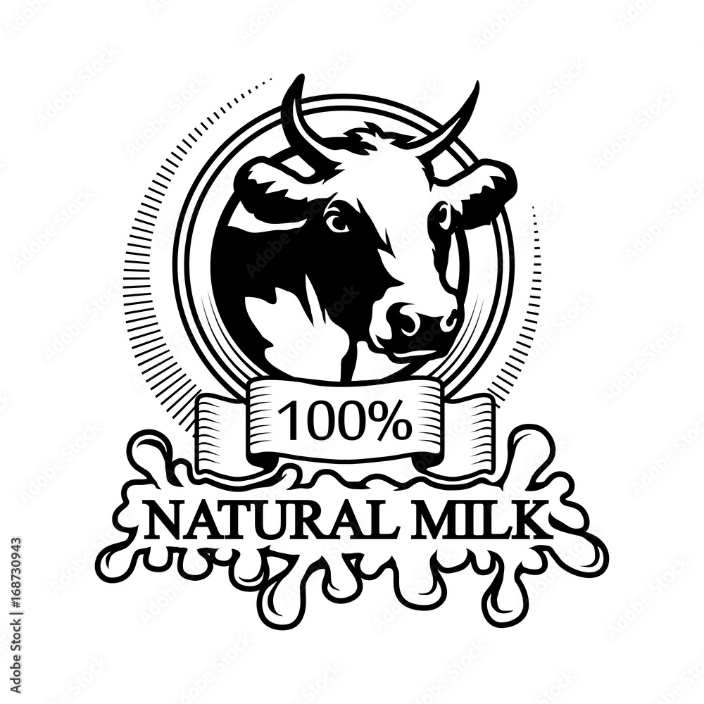 Logo 100% natural milk. Trademark with a cow head. Black silhouette of a bull. Professional label Logo 100% natural milk. Trademark with a cow head. Black silhouette of a bull. Professional label