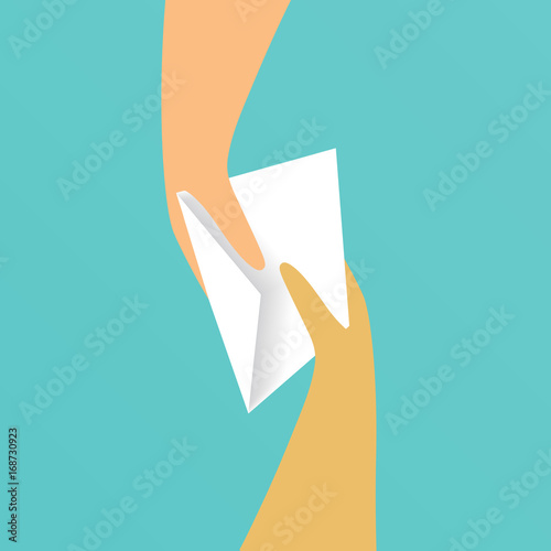 Hand giving white paper envelope to another hand
