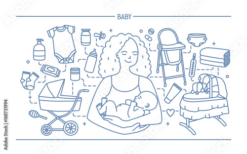 Maternity concept. Horizontal banner with mother and baby, different children s accessories. Line art vector illustration.