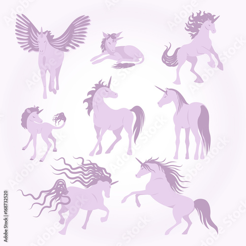 Vector unicorns image collection. Elements for design. Set of cute pink and lilac unicorns. Fairy magic elements  isolated vector objects  flat design illustration. Beautiful horses with horn