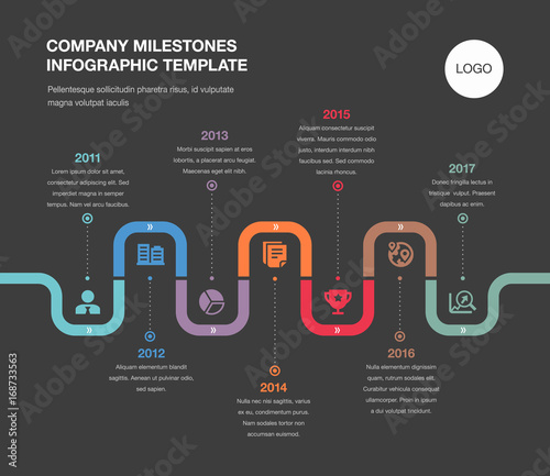 Vector infographic company milestones timeline template isolated on dark background.