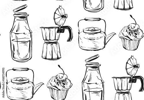 Yummy food seamless pattern. Hand drawn vector. Good for backgrounds, fabric, kitchen and cafe stuff
